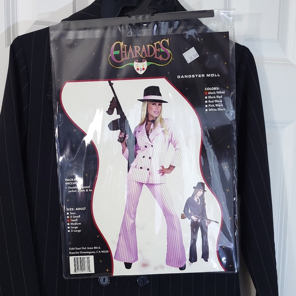Gangster Moll Mobster Halloween Costume, Adult Women Sm, Black Pinstripe Suit